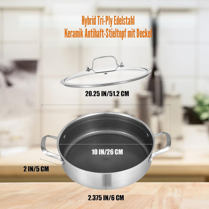 Inqibee Schmorpfanne 24 cm Hoher Rand, Schmortopf mit Deckel 2.8L, Edelstahl 18/10 antihaftbeschicht