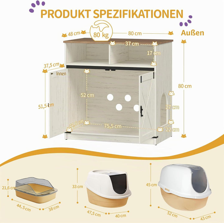 Hzuaneri Katzenklo Schrank, 80 x 48 x 80 cm, Versteckte Katzenschrank mit Stauraum, Katzenschrank au
