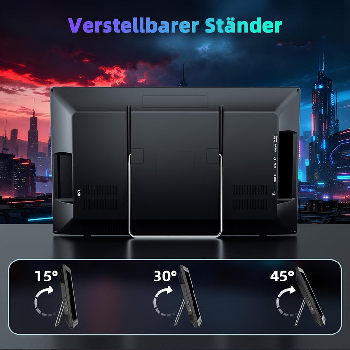 DESOBRY Tragbarer Fernseher 15,6 Zoll 1080P | DVB-T2, USB HDMI AV-Eingang, 12V TV Mit Akku für Campi
