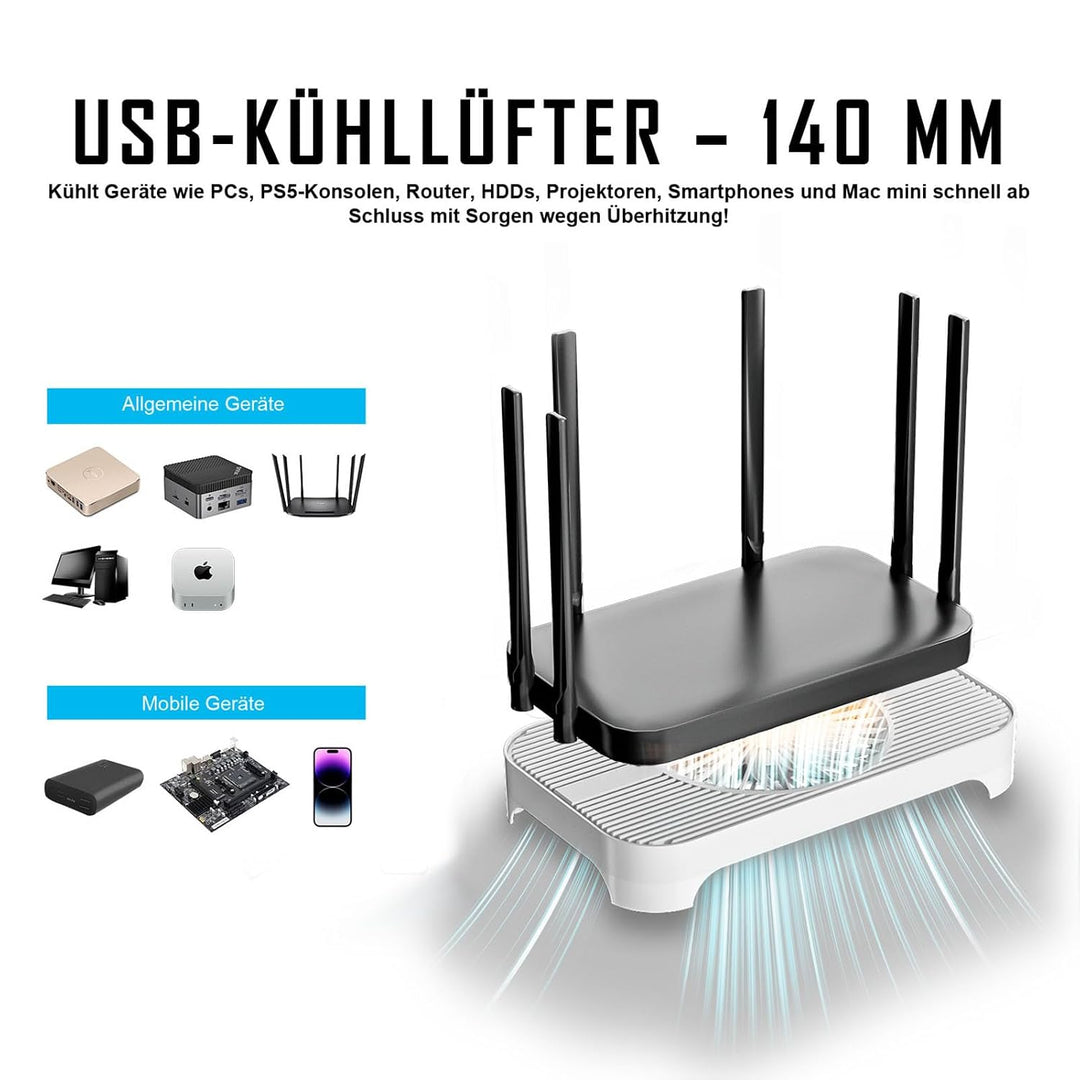 X3-V2 Router-Kühler, 140 mm USB-Lüfter mit 3 Stufen, Weiss