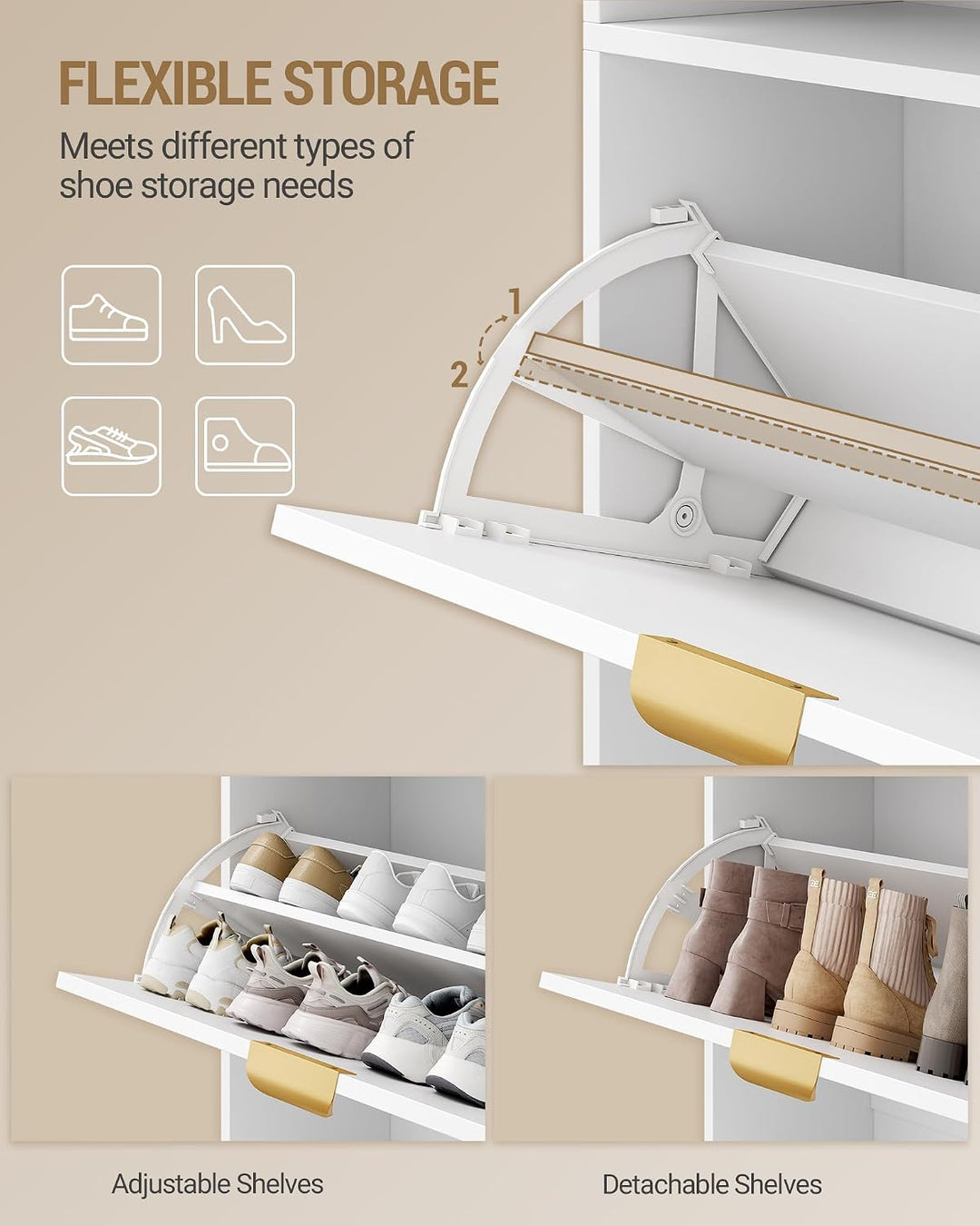 Hzuaneri Schuhschrank mit 3 Klappen, Schuhregal, Schuhkipper Schmal, Verstellbar, Schuhaufbewahrung,