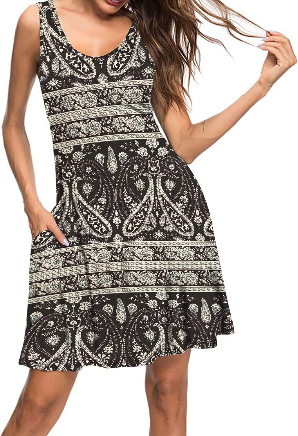 AUSELILY Sommerkleid Damen Ärmellose Strandkleid Leicht Swing Kleid V Ausschnitt Mini Kleid Blaue Bl