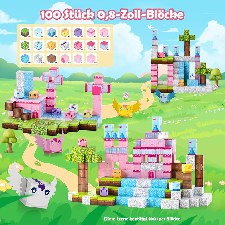 PINKCAT 100 Blöcke Magnetische Bausteine Rosa Schloss Magnetbausteine Rosa-100pcs magnetische bauste