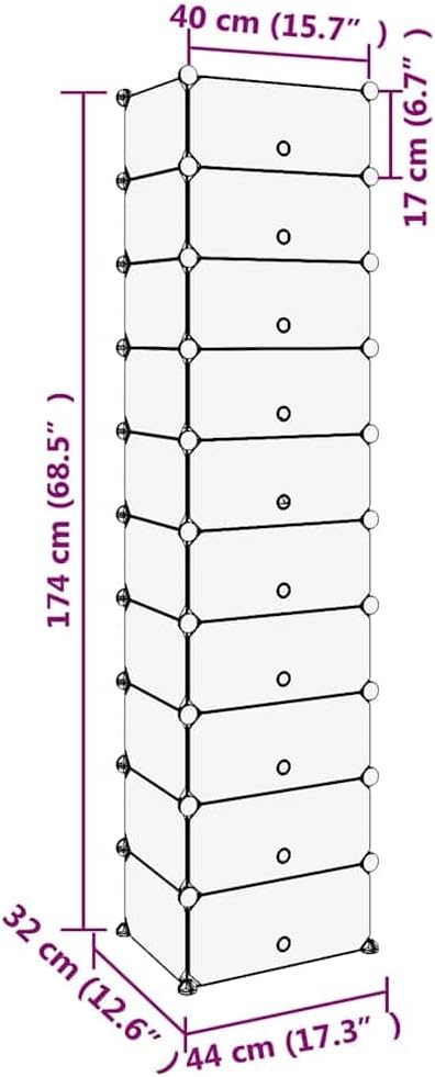 Schuhregal Schwarz 44x32x174 cm mit 11 grossen und 20 kleinen PP-Platten, faltbar und stapelbar, ide