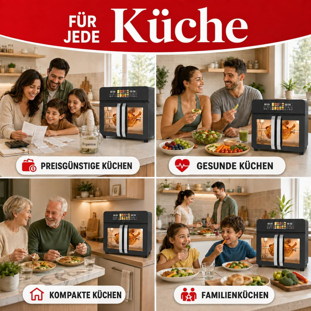 Royal Swiss Airfryer Oven XXL 23 L 2400 W, Heissluftfritteuse mit Doppeltür, 10 Programme, LED Displ