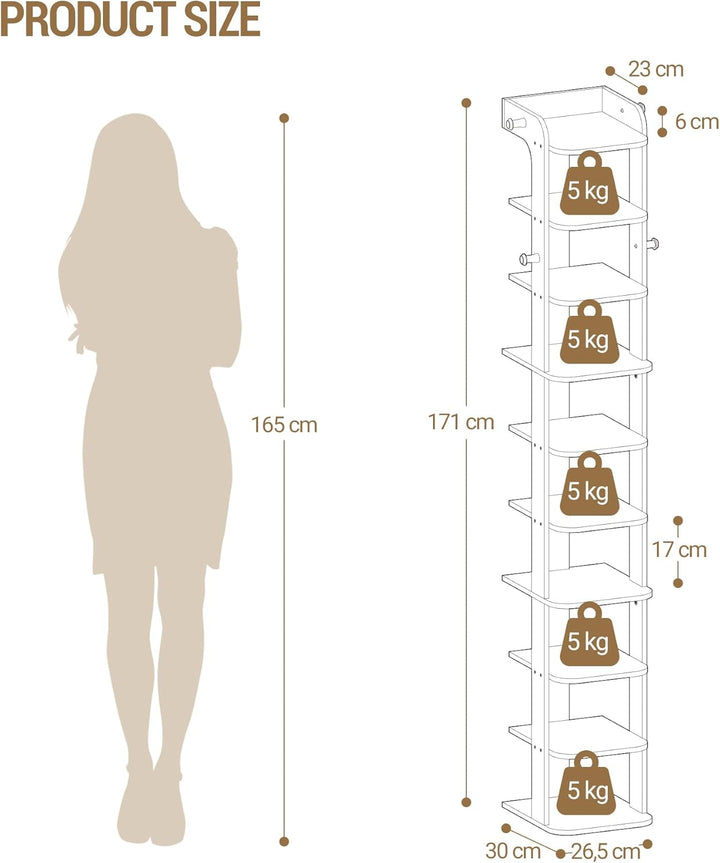 Hzuaneri Schuhregal, Schmales Schuhablage mit 10 Ebenen, Holz-Schuh-Organizer mit Haken, Verstellbar
