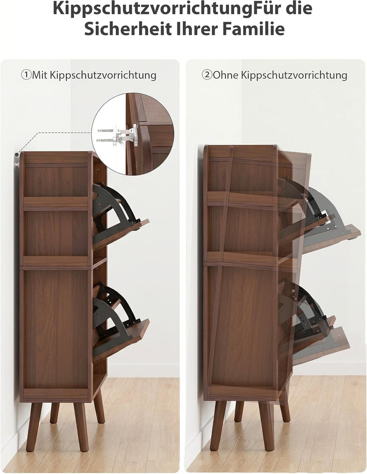 Schuhschrank Schmal mit 2 Klappen, Walnuss Nussbaum, Nussbaum