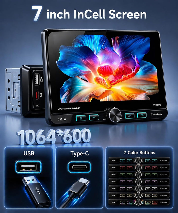 VECHTEL 7" Autoradio 1 Din mit Verstellbarer Touchscreen Wireless Carplay Android Auto,FM/AM/RDS Rad