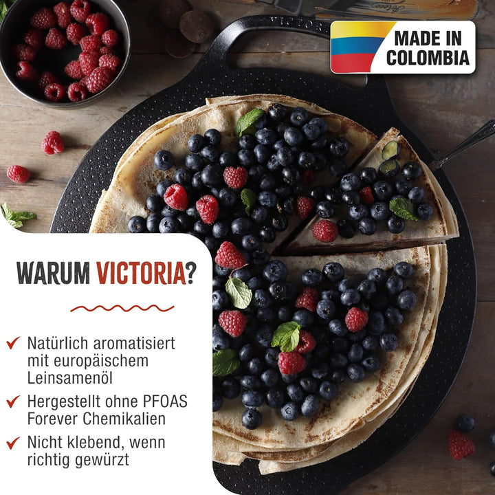 Victoria Grillplatte fur Pizza Gusseisen Pizzablech, 38cm mit Griffen, Induktion, Feuer, Grill, Ofen