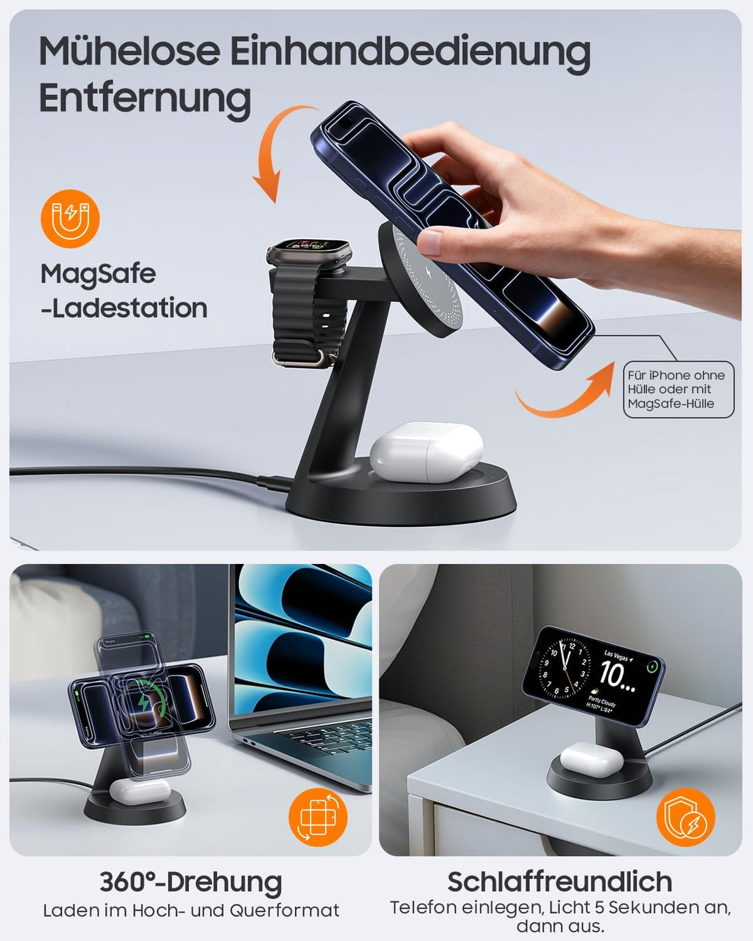 Meifigno 25W 3-in-1 Induktive Ladestation für Apple Watch und iPhone, Black, Black