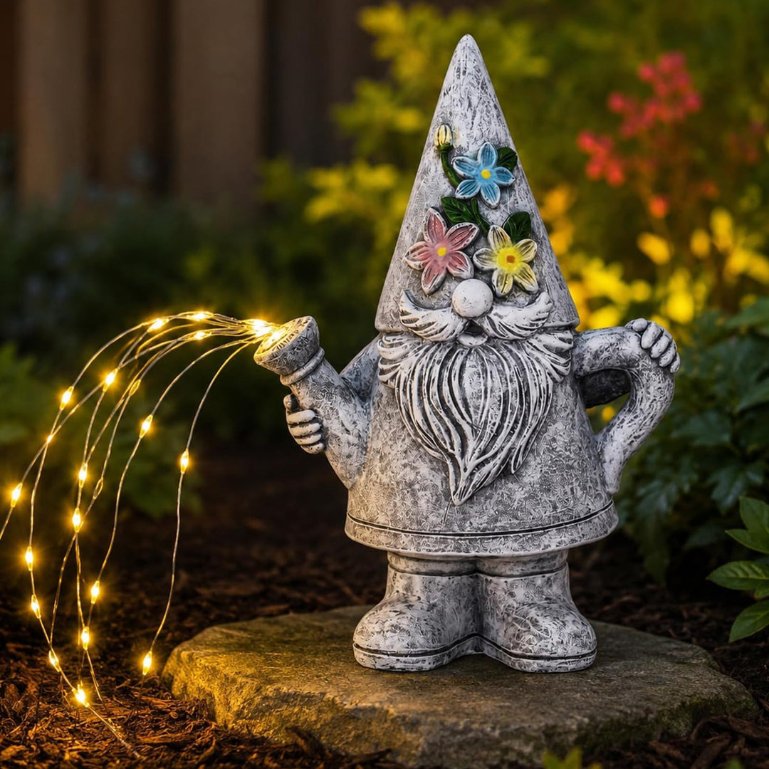 Yeomoo Giesskanne-Gartenzwerge mit Solar Lichterkette für Aussen Gartendeko Gartenzwerge Figur Grau,