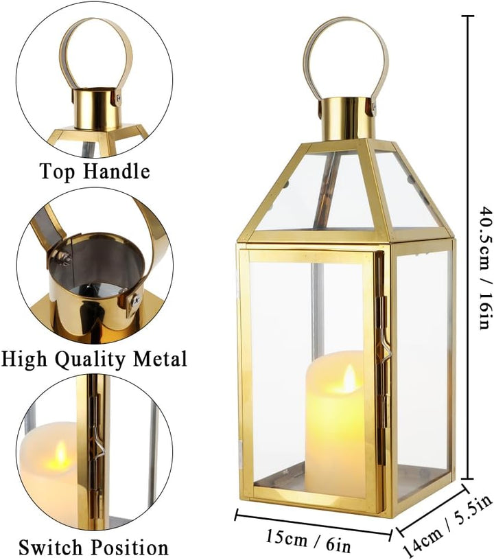 JHY Design Gold Dekorative Laternen Edelstahl Kerzenlaternen, 34cm hoch Hängende Laterne Balkon Zube