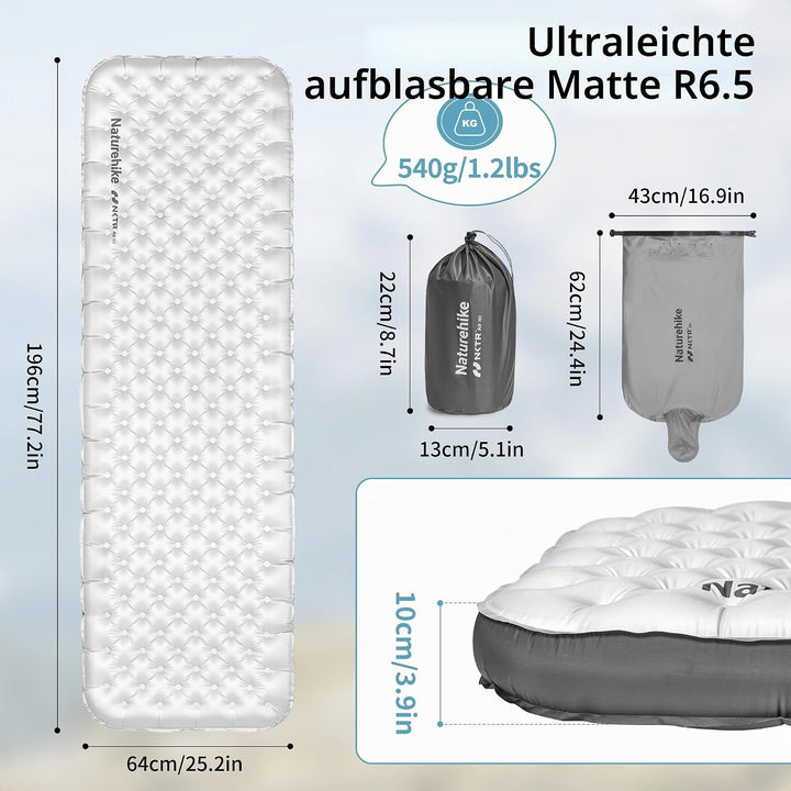 Naturehike Isomatte 6,5R Wert Camping Isomatte, Aufblasbare Campingmatte, Tragbare Isomatte, Einzels