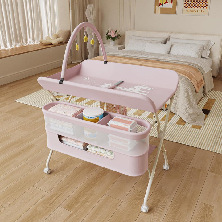 OHMG Wickeltisch für Babys,tragbarer klappbarer Wickeltisch mit Rollen,Mobile wickeltisch klappbar,w