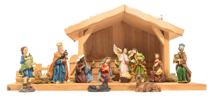 mgc24 Weihnachtskrippe Tischkrippe aus Holz, komplett mit 11 Krippenfiguren handbemalt,