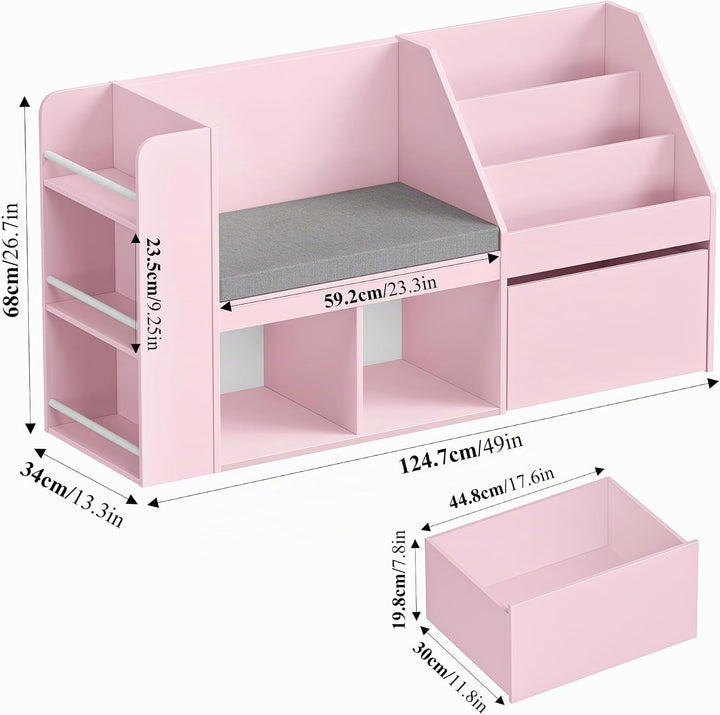 HOCSOK 125 cm Kinderregal, Bücherregal Kinder mit Sitzbank, MDF-Platte Rosa, Rosa