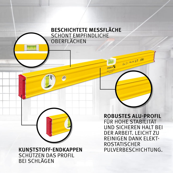 STABILA Wasserwaage Type 80 AS, 90 cm, verstärktes Alu-Profil, 1 Horizontal-Libelle, 1 Vertikal-Libe