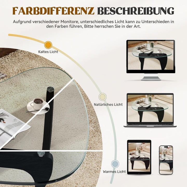 Beistelltisch Dreieckig Couchtisch Glas Transparent, Wohnzimmertisch im Minimalistischen Design, MDF