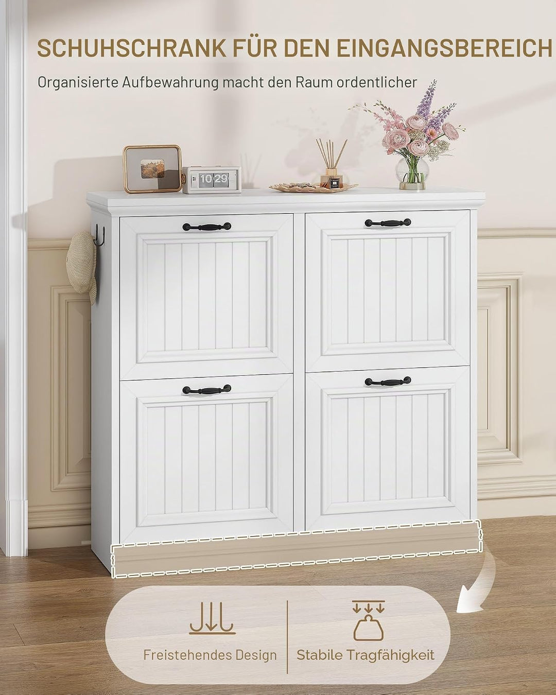 Hzuaneri Schuhschrank Schmal mit 4 Klappen, Klassischer Stil, Schuhkommode mit Holzoptik, Schmaler S