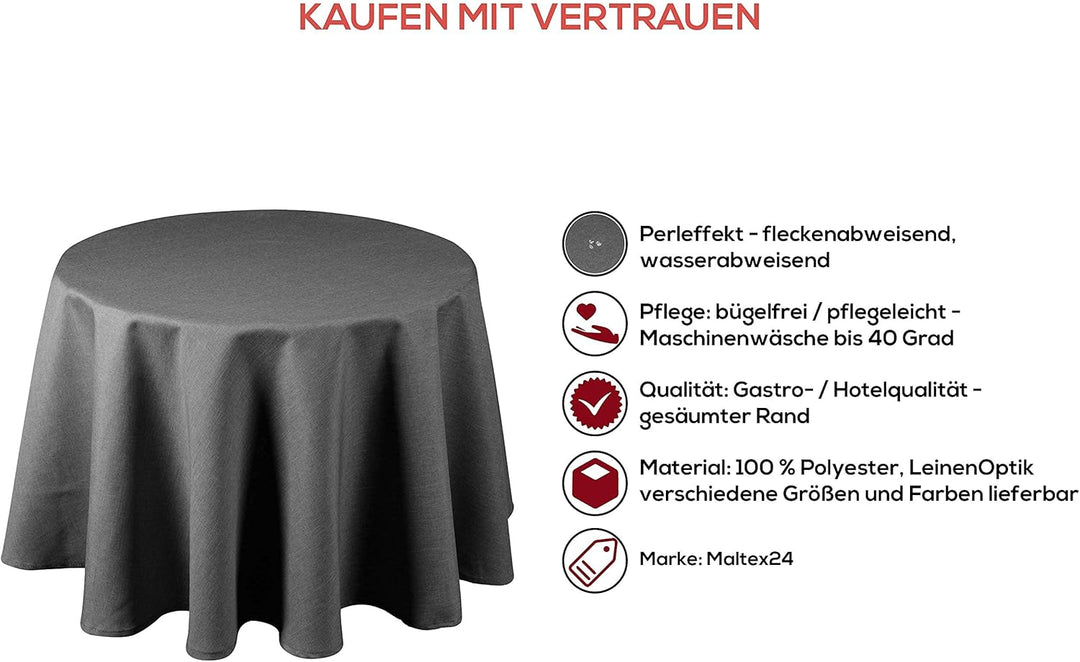 Textil Tischdecke - Leinen Optik - wasserabweisend Rund (Anthrazit, 140 cm) Anthrazit 140 cm, Anthra