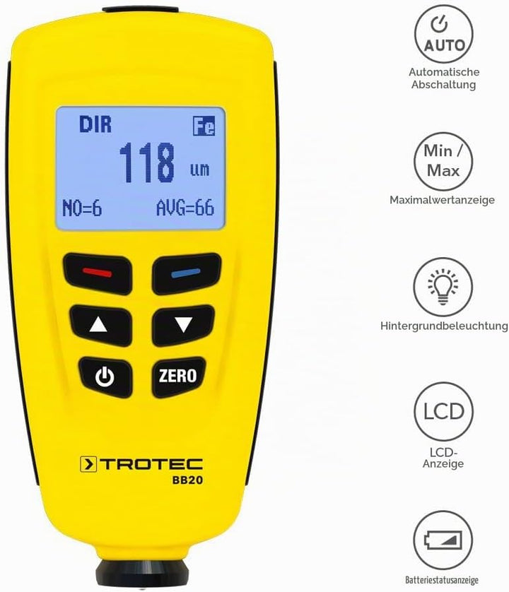 TROTEC Lackmessgerät BB20 – Lackschichten Messgerät für Auto – Messbereich 0 bis 1.250 µm, Speicher