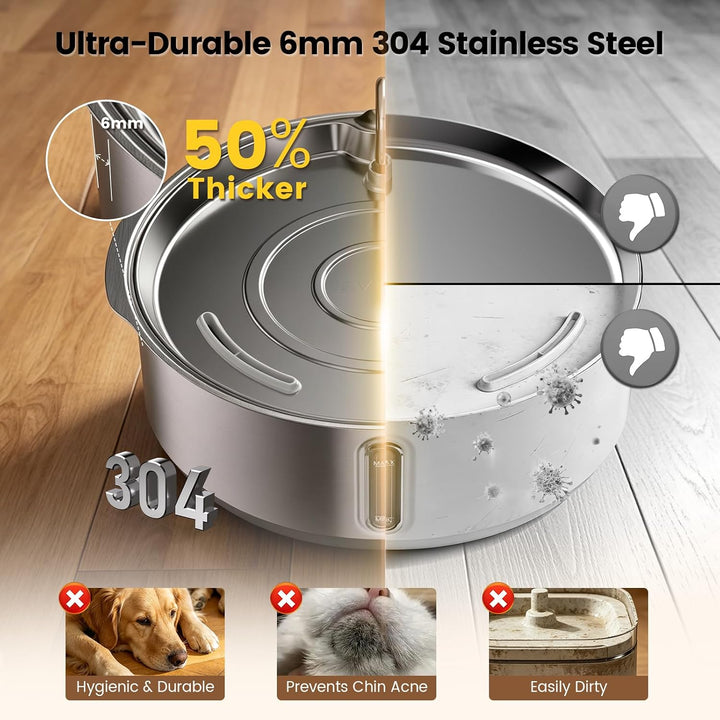 Invengo 8L leiser Hundetrinkbrunnen aus Edelstahl, 12 Filter | 50% dickerer 6-mm-Stahl, Doppelfilter