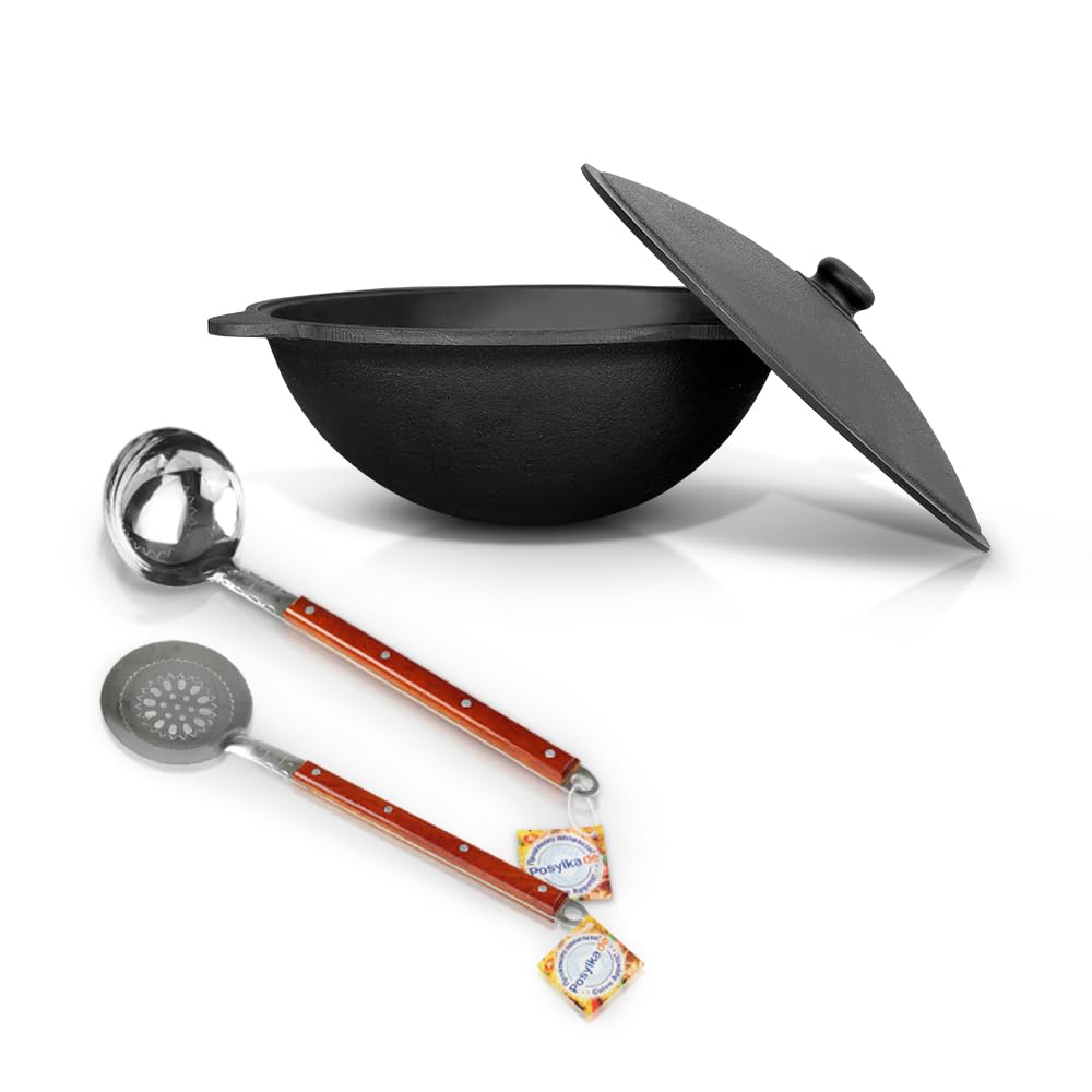Gusseisen Kazan 6L Aluminiumdeckel Schaumlöffel für Plov, 40 cm, Schöpflöffel für Plov, 40 cm Uzbeki