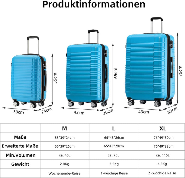 BEIBYE 2088 Zwillingsrollen Reisekoffer Koffer Trolleys Hartschale M-L-XL-Set in 13 Farben (Turquois