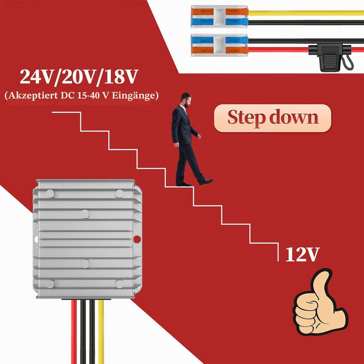 Spannungswandler 24V auf 12V, Step Down 24V 12V 15A 180W mit Sicherung Wasserdicht und Schnellverbin