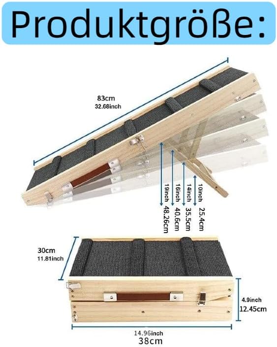 Holz Hunderampe |Hunderampe Bett |Höhenverstellbar mit Rutschfester Matte