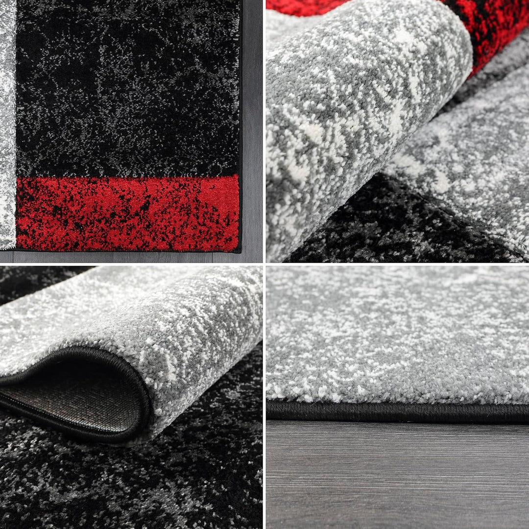 Carpetsale24 Teppich 240x340 cm XL Kurzflor Konturenschnitt in Schwarz Grau Rot Kariertes Design, Ex