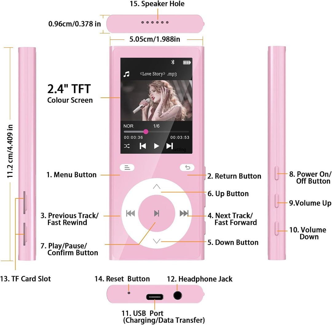 90GB MP3 Player Bluetooth 5.3, Musik Player 2 TF-Kartensteckplätzen Rosa, Rosa