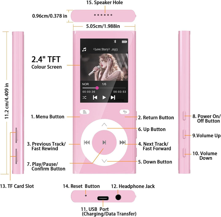 90GB MP3 Player Bluetooth 5.3, Musik Player 2 TF-Kartensteckplätzen Rosa, Rosa