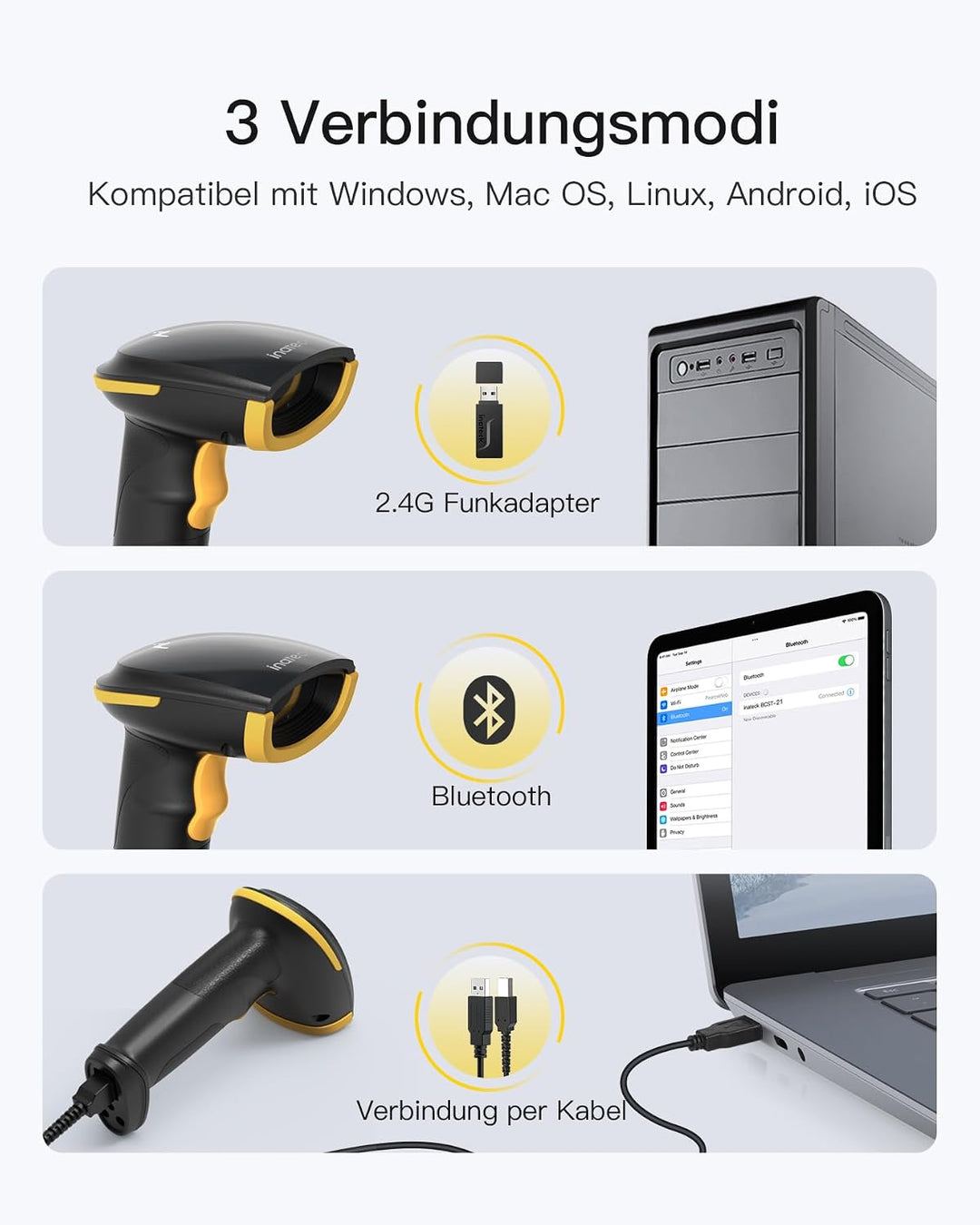 Inateck KI Barcode Scanner Bluetooth, 1D Handscanner Kabellos, Handheld Barcode Scanner, 1 Ladung in