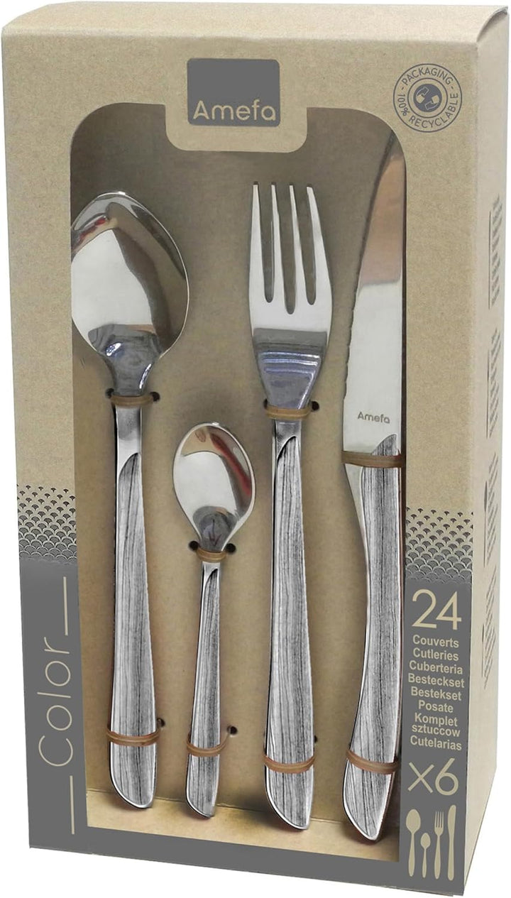 Amefa ECLAT Besteck Set | NATURE Grau Holz | Essbesteck 24-teilig für 6 Personen | Edelstahl rostfre