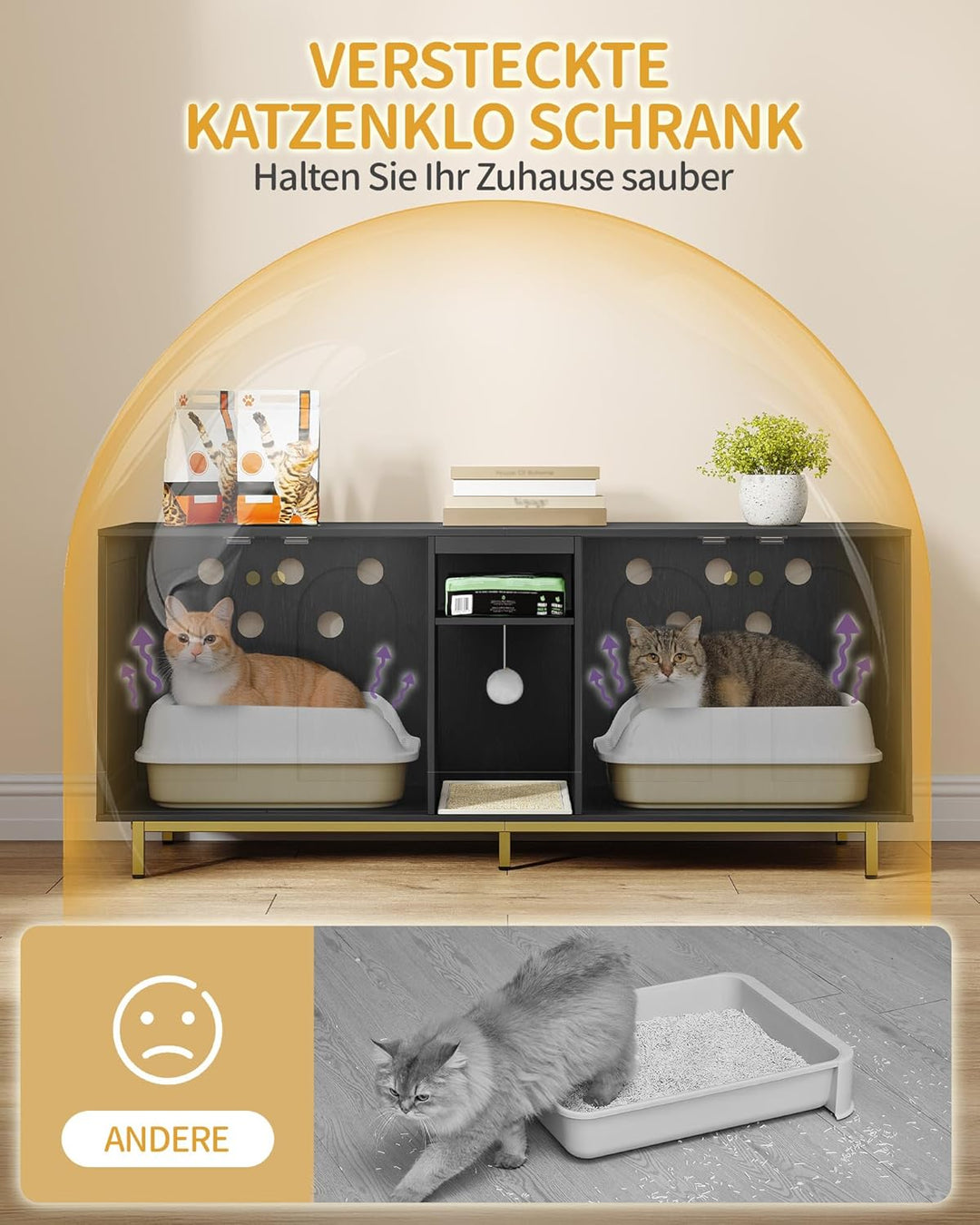 Hzuaneri Katzenschrank für 2 Katzen, Katzenklo Schrank, Katzenhaus Versteckt mit Doppelräumen, Mit S