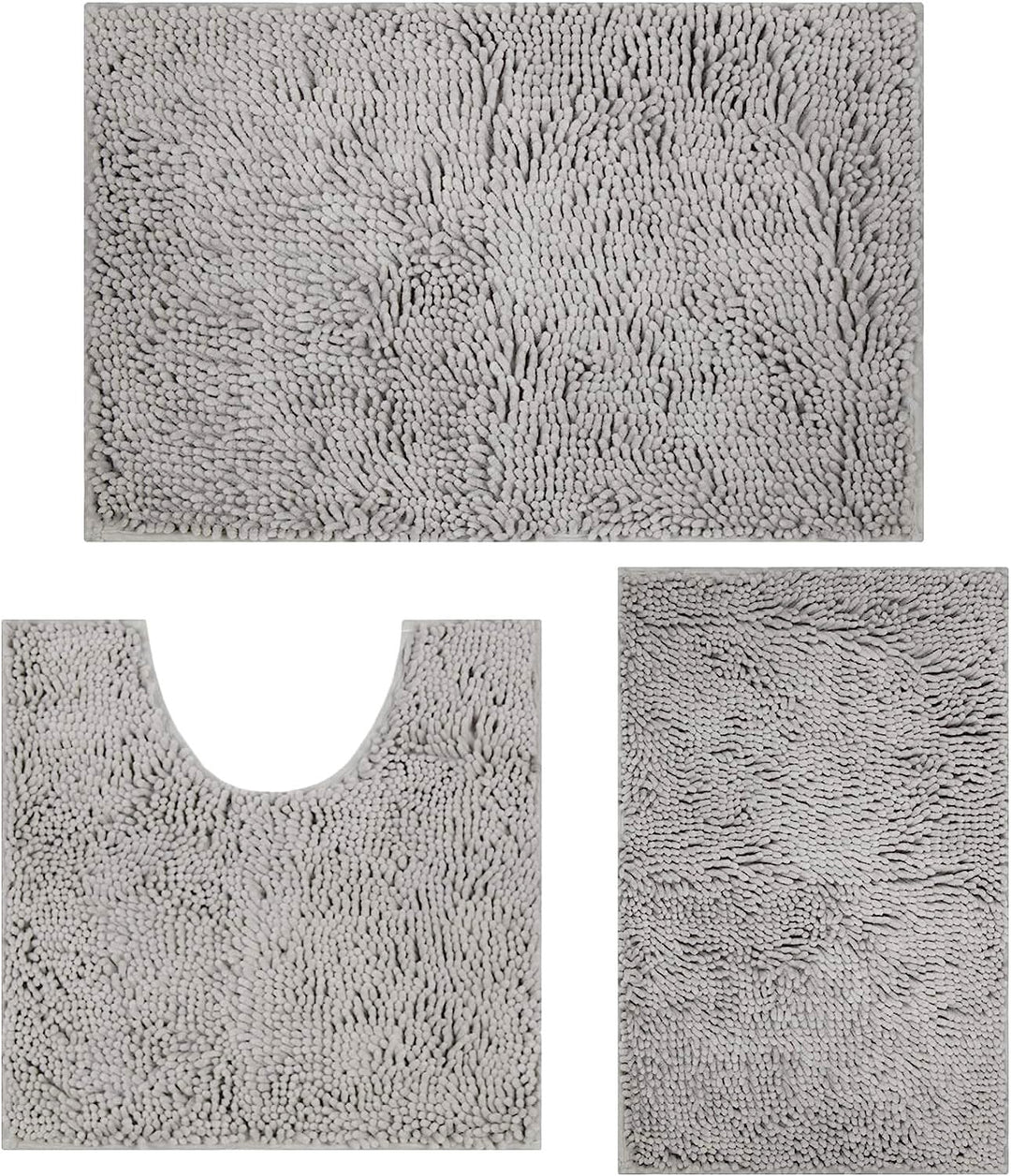 Badematte Set 3 teilig Light Grey, rutschfeste Chenille Badteppiche, Waschbar &amp; Minimalistisch Badvo