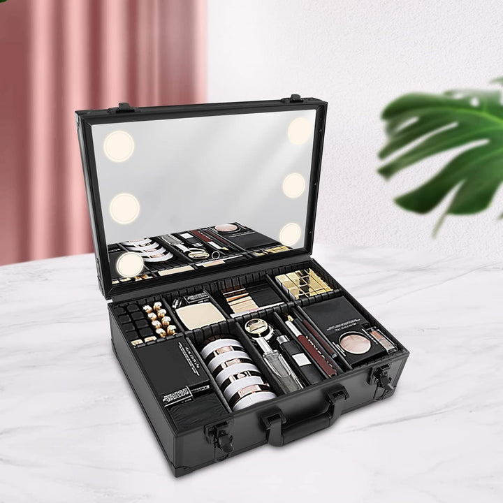 Make-up Koffer mit Lichtern und Spiegel | Grosser Organizer mit individuellen Trennwänden | Tragbare