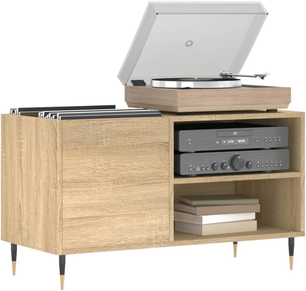 DJEKA Plattenschrank Holz Record Player Cabinet Sonoma Eiche-15 Plattenspieler Schrank 85x38x48 cm R