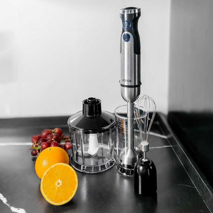 JOCCA - 1200W Stabmixer mit Zubehör | Edelstahlgehäuse, Klingen und Stab | 6 Geschwindigkeiten und T