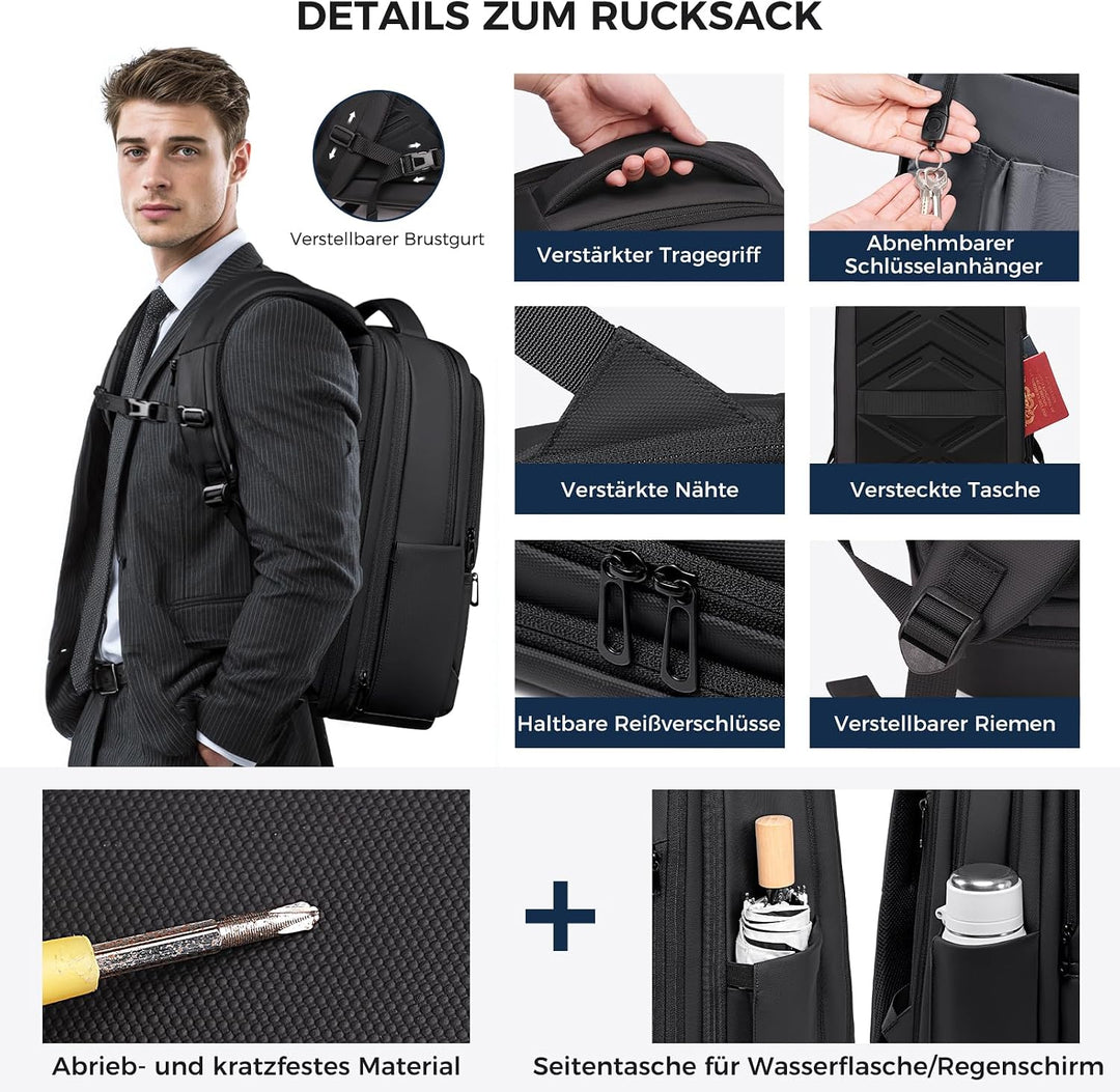 Fenree.geer 1800D Erweiterbarer Laptop Rucksack,Rucksack Herre 21,6L-32,4L Schwarz 2 Erweiterbar, Sc