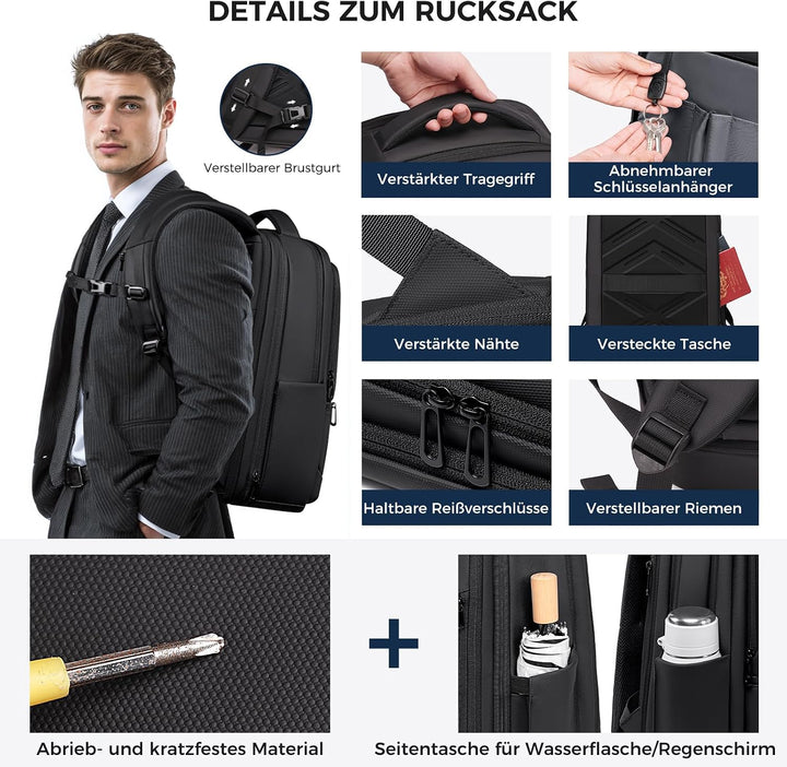Fenree.geer 1800D Erweiterbarer Laptop Rucksack,Rucksack Herre 21,6L-32,4L Schwarz 2 Erweiterbar, Sc