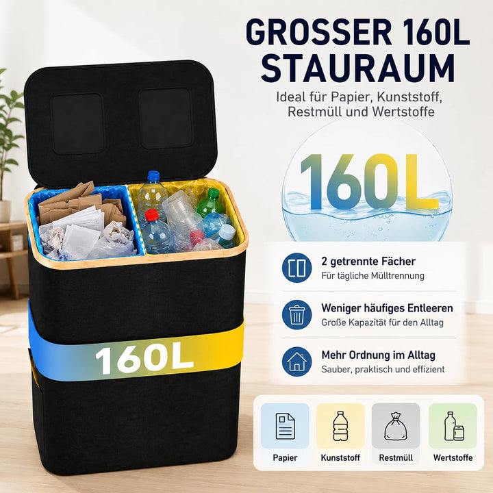 160L Mülltrennsystem mit 2 Fächern, Gelber Sack Ständer aus 900D Oxford-Stoff, Müllsackständer mit D