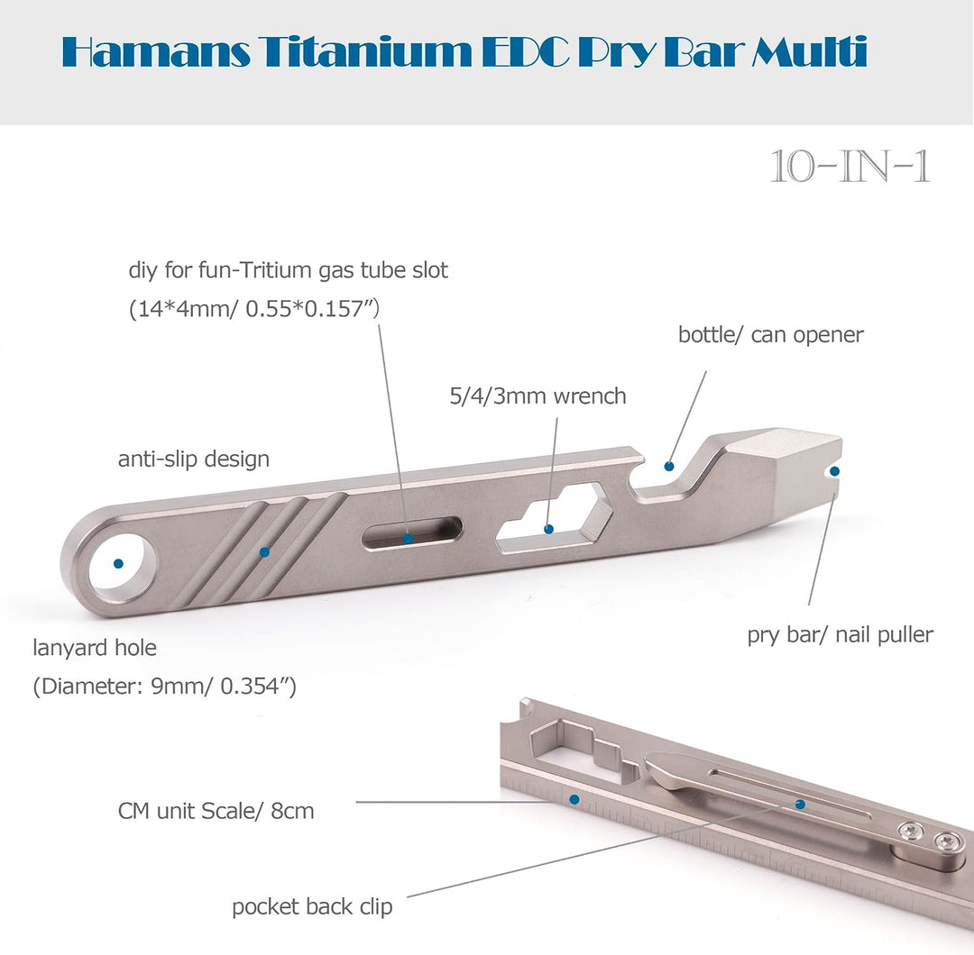 Hamans EDC Brecheisen Flaschenöffner Titan EDC Brechstange Getriebe 10-in-1 Mutitool mit Clip CM Uni
