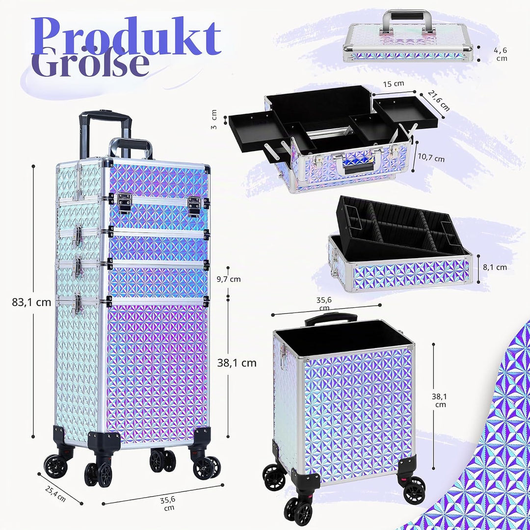 Arous 5-in-1 Profi-Kosmetikkoffer, Aluminium, mit 360° drehbaren Rädern Silber, Silber