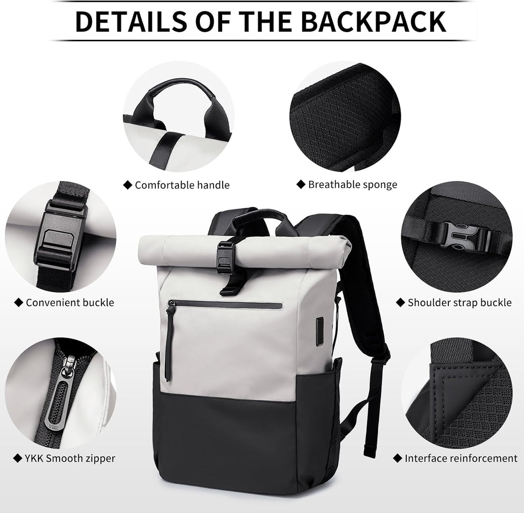 Rolltop Rucksack Herren, wasserdichter Laptop-Rucksack 16 Zoll Grau, Grau