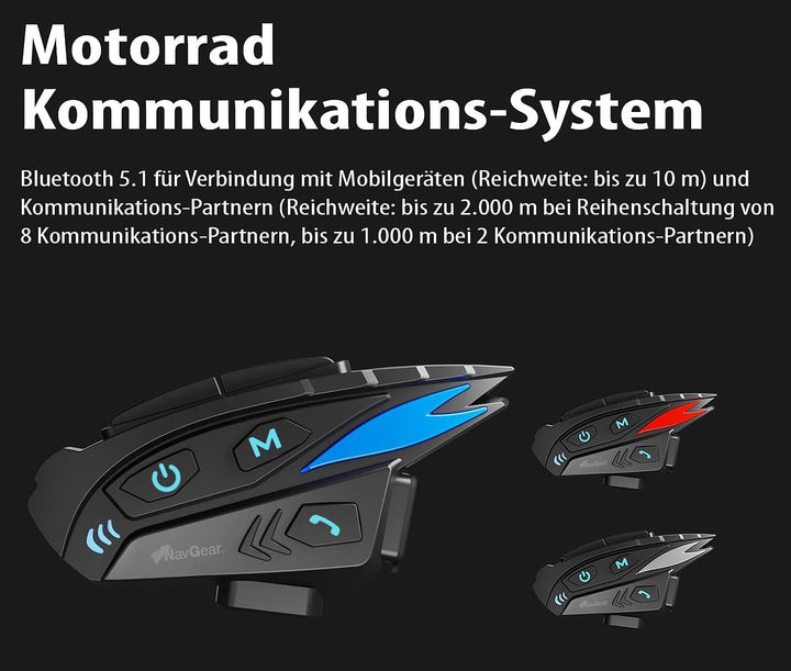NavGear Motorrad-Helm-Headset: 8er-Set Motorrad-Intercom-Systeme für bis zu 8 Personen, 2.000 m (Hal