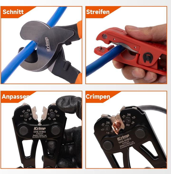 iCrimp Batteriekabelschuh Crimpzange Set 6–50 mm² mit Sechskant Crimp IWS-50BN-Kit, IWS-50BN-Kit
