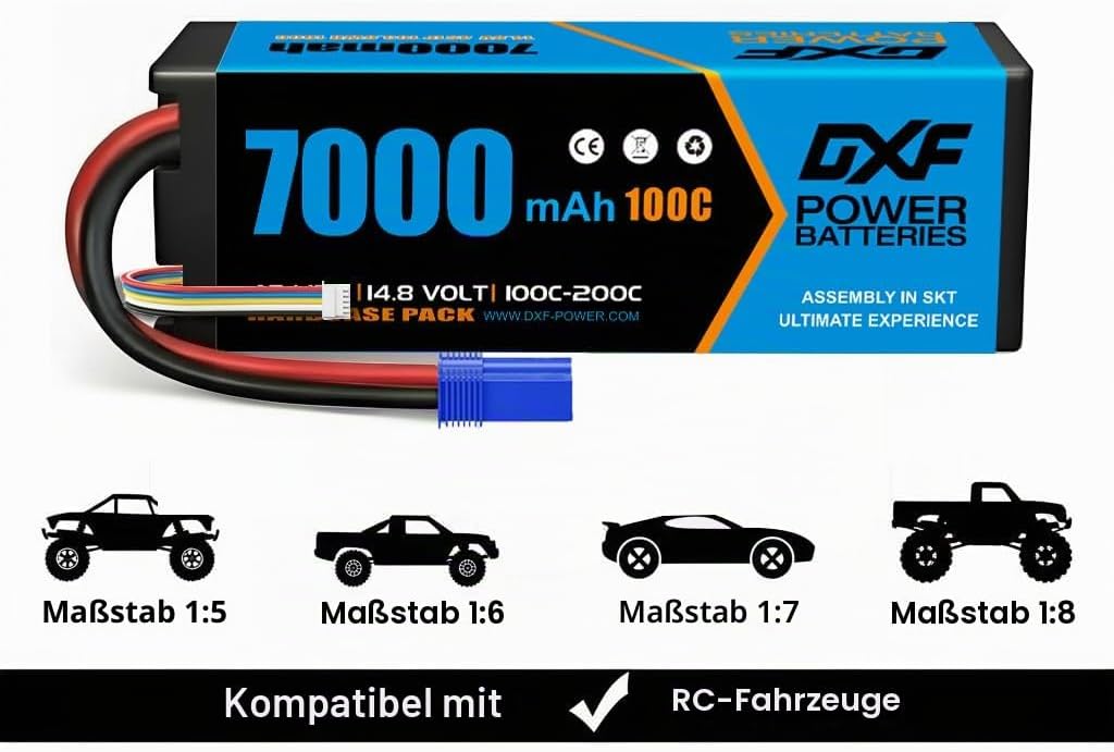 DXF 4S Lipo Batterie 14,8 V 100 C 7000 mAh Hartbatterie mit EC5-Stecker für RC 1/8 und 1/10 Auto RC
