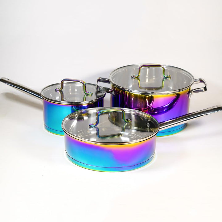 AKIS Dazzling Regenbogen Edelstahl 6 teilig Pfanne Topfset 1 Kochtopf, 1 Pfanne, 1 Stieltopf mit 3 G